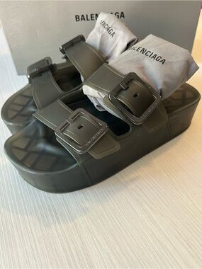 Balenciaga Semi Sheer Black Platform Double Logo Buckle Rubber Slides